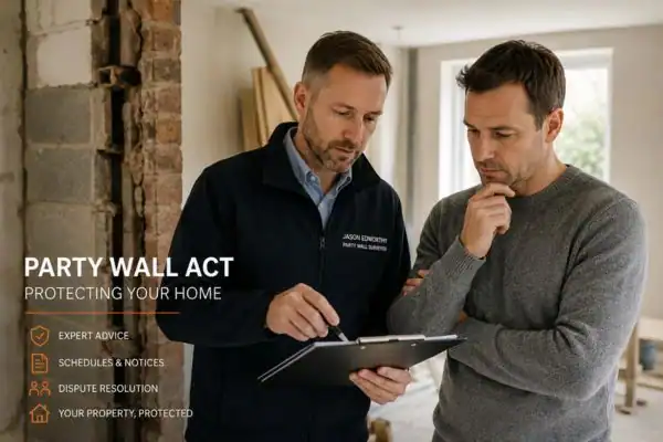 Party wall surveyor Rotherham discussing extension plans with homeowner outside a UK semi-detached house.